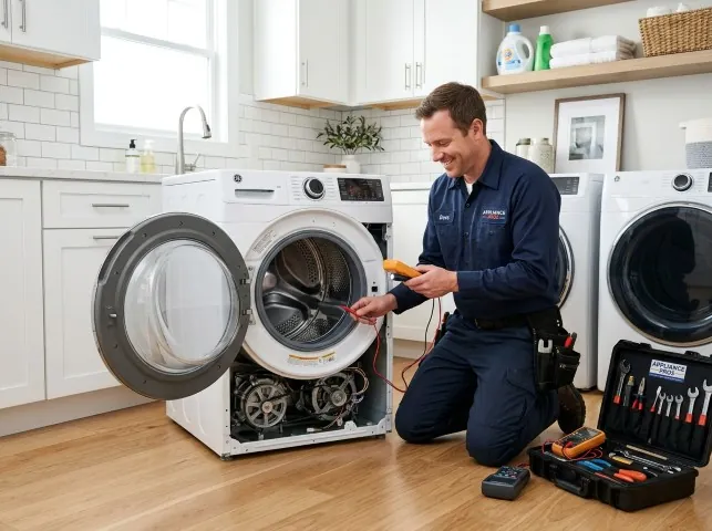 Appliance Repair Hero technician testing a front-load washer with a multimeter on a Burton, MI service call